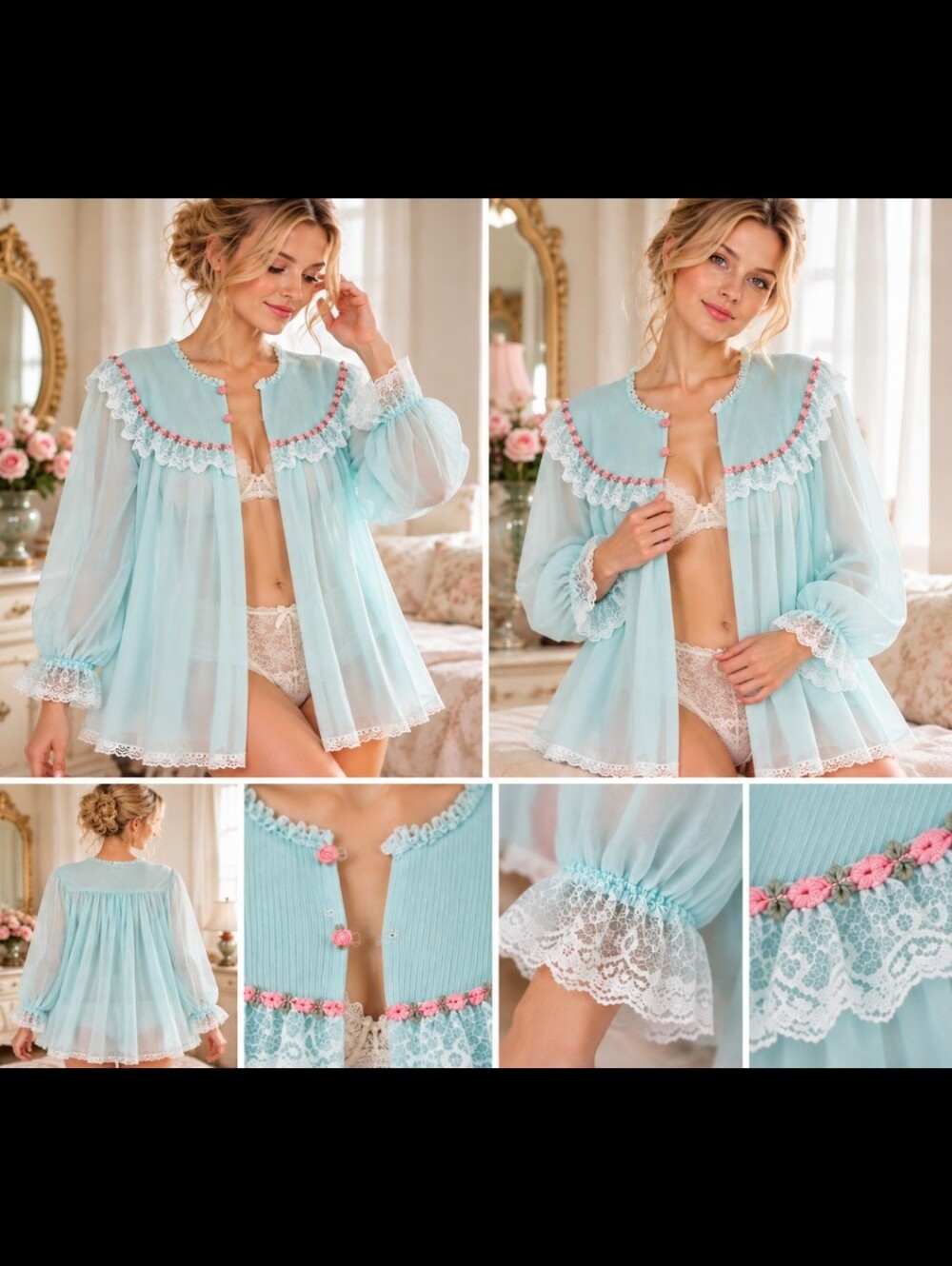 Vintage St Michael Aqua Nylon Bed Jacket Blouse 1960s Lace Pink Rose Trim